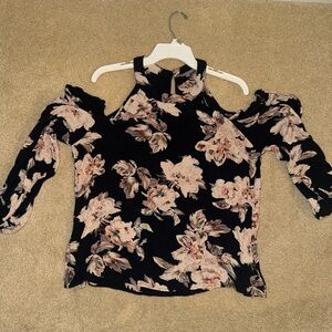 Charlotte Russe Floral Cold Shoulder Blouse - Black and Pink